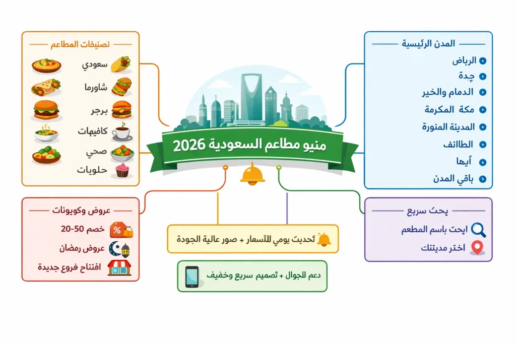 منيو مطاعم السعودية يعرض أحدث الوجبات والأسعار لعام 2026 مع تنوع المطاعم السريعة والعائلية في مختلف المدن