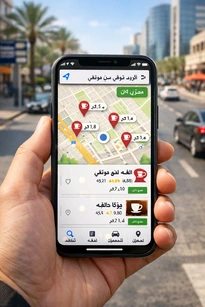 صورة علوية لهاتف محمول في اليد تعرض اقرب كوفي من موقعي على تطبيق خرائط باللغة العربية، مع رموز ومسافات، في شارع حديث بمدينة سعودية في ضوء النهار.