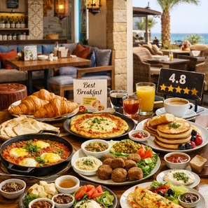 فطور جدة 2026 – مجموعة متنوعة من أطباق الفطور في أفضل 15 مطعم بجدة، تشمل أومليت، بانكيك، كرواسون، شكشوكة وفلافل مع جلسات مريحة وإطلالة جميلة.