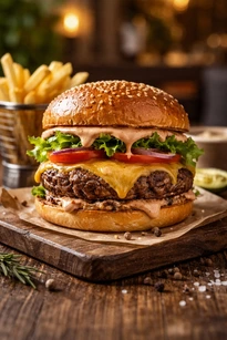 أفضل أطباق مطعم بابايا مثل البرجر وباستا الجمبري مع تقديم احترافي داخل المطعم