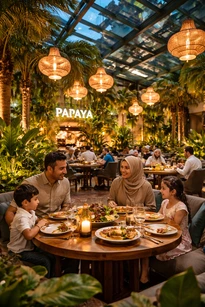 مطعم بابايا في جدة من الداخل مع ديكور استوائي وأجواء عائلية مريحة داخل المطعم