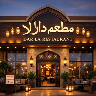 مطعم دار لا في السعودية – تصميم داخلي حديث ودافئ مع طاولات خشبية، جلسات مريحة، ديكور عربي-تركي، ومشاوي وفطور لذيذ