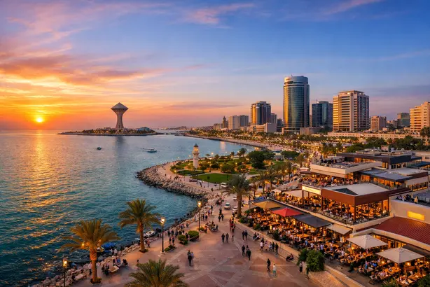 إطلالة بانورامية على كورنيش الخبر والخليج العربي مع غروب الشمس والمطاعم على الواجهة البحرية