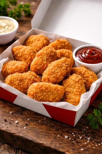 قطع ناجتس دجاج ذهبية من برجر كنج مع صوص غمس جانبي وتقديم احترافي داخل علبة المطعم