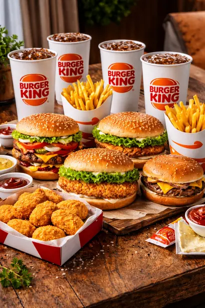 وجبة عائلية من برجر كنج تحتوي على عدة ساندويتشات وبطاطس ومشروبات مخصصة للمشاركة