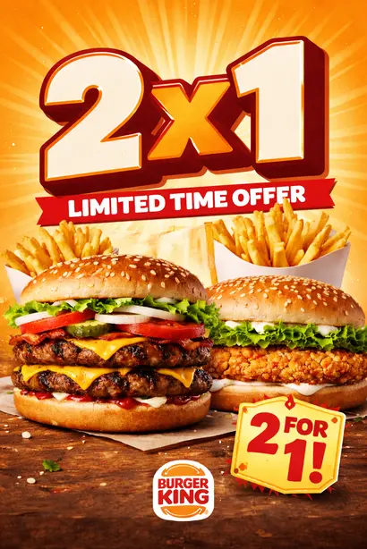 عرض 2×1 من برجر كنج مع لافتة خصم وترويج للكوبونات داخل التطبيق الرسمي