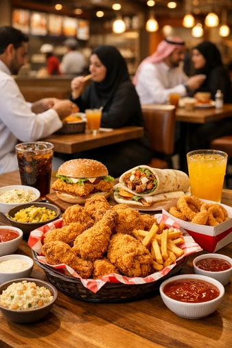 مطعم بروست الصفا دجاج مقرمش ذهبي مع صوص البطاطس في السعودية