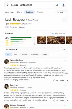 صورة داخلية من مطعم لوسين توضح الأجواء الفاخرة والأطباق الأرمنية المميزة