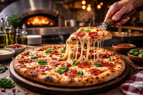 مطعم بيتزا قريب يقدم بيتزا ساخنة