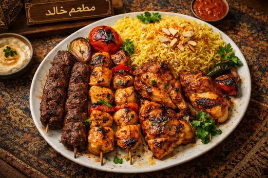 وجبات رئيسية من مطعم خالد تشمل كبسة دجاج ودجاج مشوي طازج