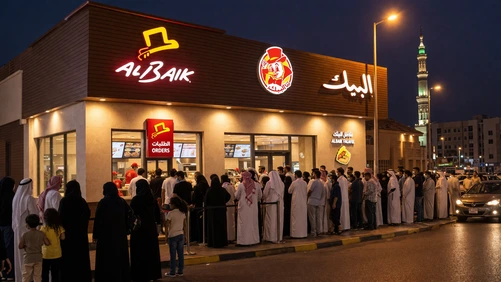 مطعم البيك في المدينة المنورة من الخارج مع الزوار أمام الفرع